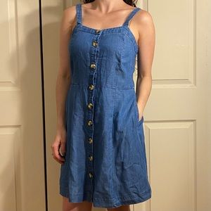 LOFT Apron fit & flare button front chambray dress